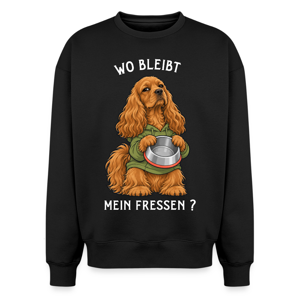 Cocker Spaniel Sweater in Schwarz – lustiger Cartoon-Hund mit Spruch „Mein Fressen“ auf der Rückseite | Geschenk für Hundeliebhaber von Pfotenart