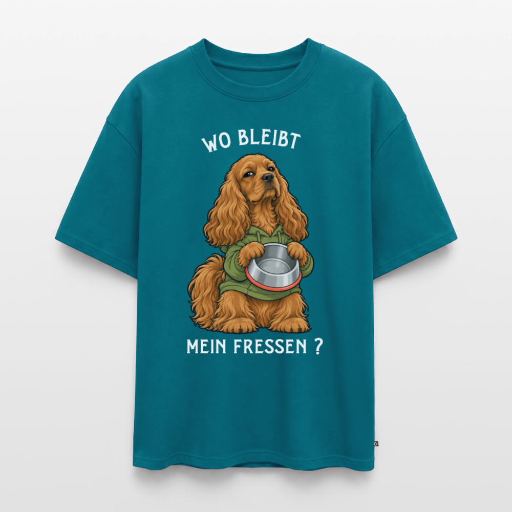 Cocker Spaniel T-Shirt in Petrol – lustiger Cartoon-Hund mit Spruch „Wo bleibt mein Fressen?“ | Geschenk für Hundeliebhaber von Pfotenart