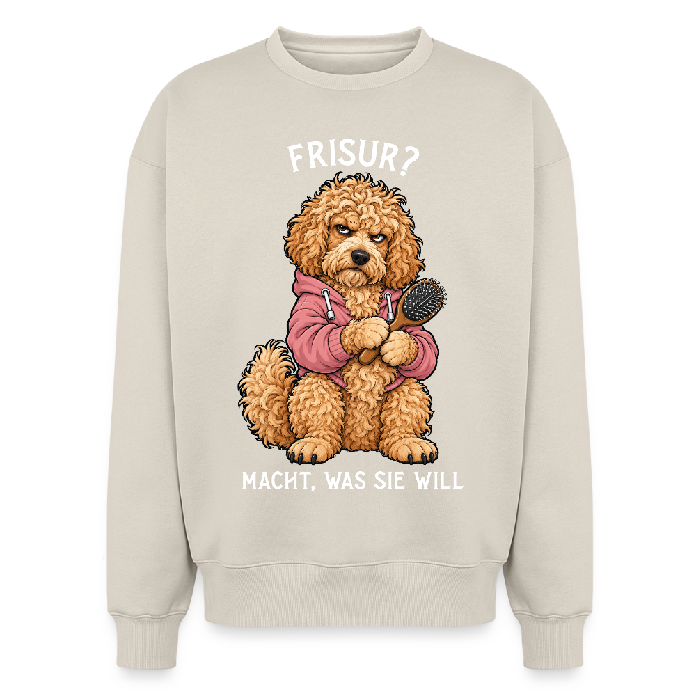 Labradoodle Sweater in Beige – lustiger Cartoon-Hund mit Spruch „Frisur?“ auf der Rückseite | Geschenk für Hundeliebhaber von Pfotenart
