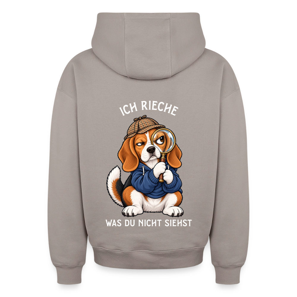 Beagle Hoodie in Taupe – lustiger Cartoon-Hund mit Spruch „Ich rieche“ auf der Rückseite | Geschenk für Hundeliebhaber von Pfotenart