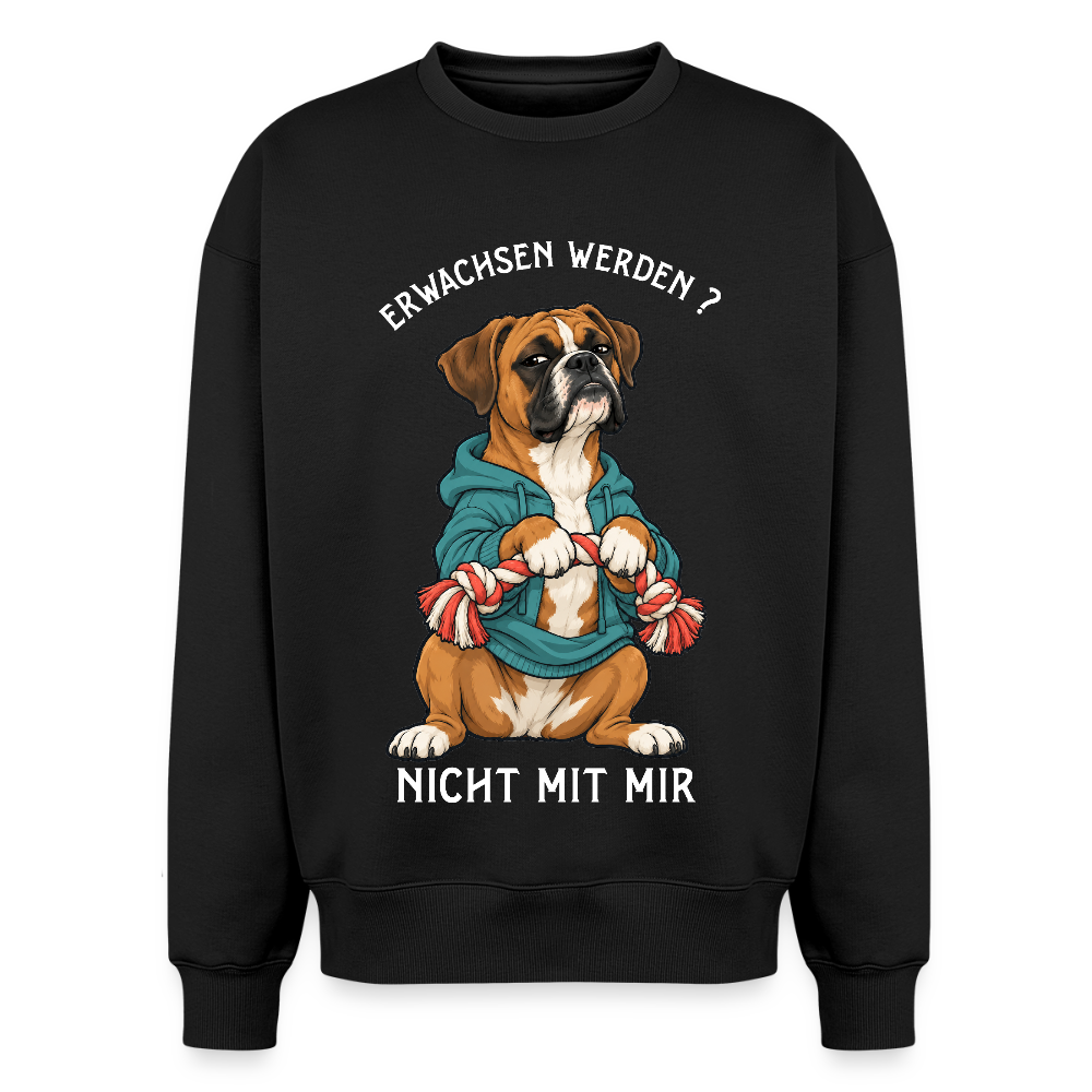 Boxer Sweater in Schwarz – lustiger Cartoon-Hund mit Spruch „Erwachsen“ auf der Rückseite | Geschenk für Hundeliebhaber von Pfotenart