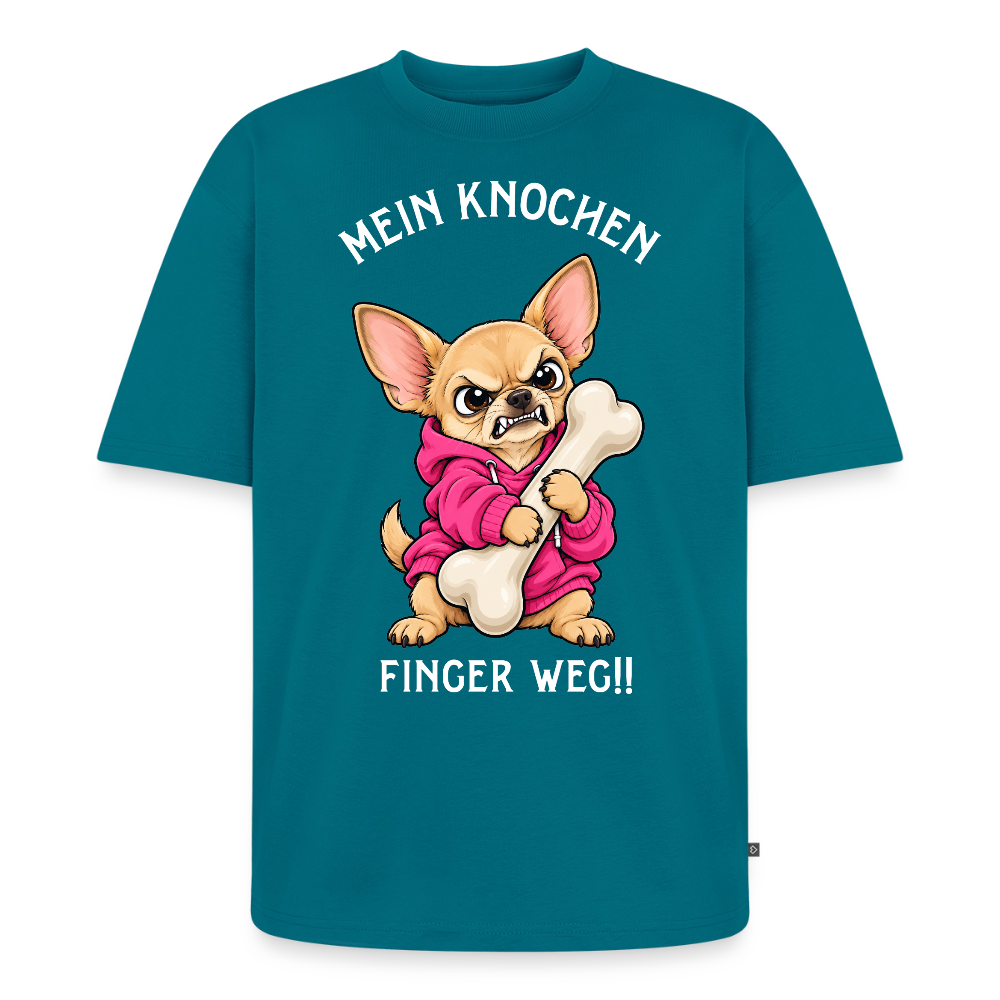 Chihuahua T-Shirt in Petrol – lustiger Cartoon-Hund mit Spruch „Mein Knochen“ | Geschenk für Hundeliebhaber von Pfotenart