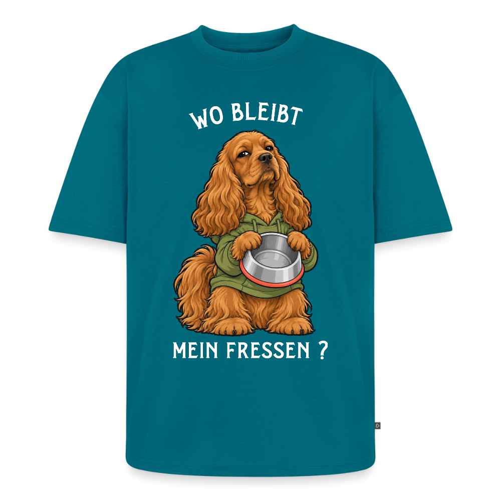 Cocker Spaniel T-Shirt in Petrol – lustiger Cartoon-Hund mit Spruch „Wo bleibt mein Fressen?“ | Geschenk für Hundeliebhaber von Pfotenart