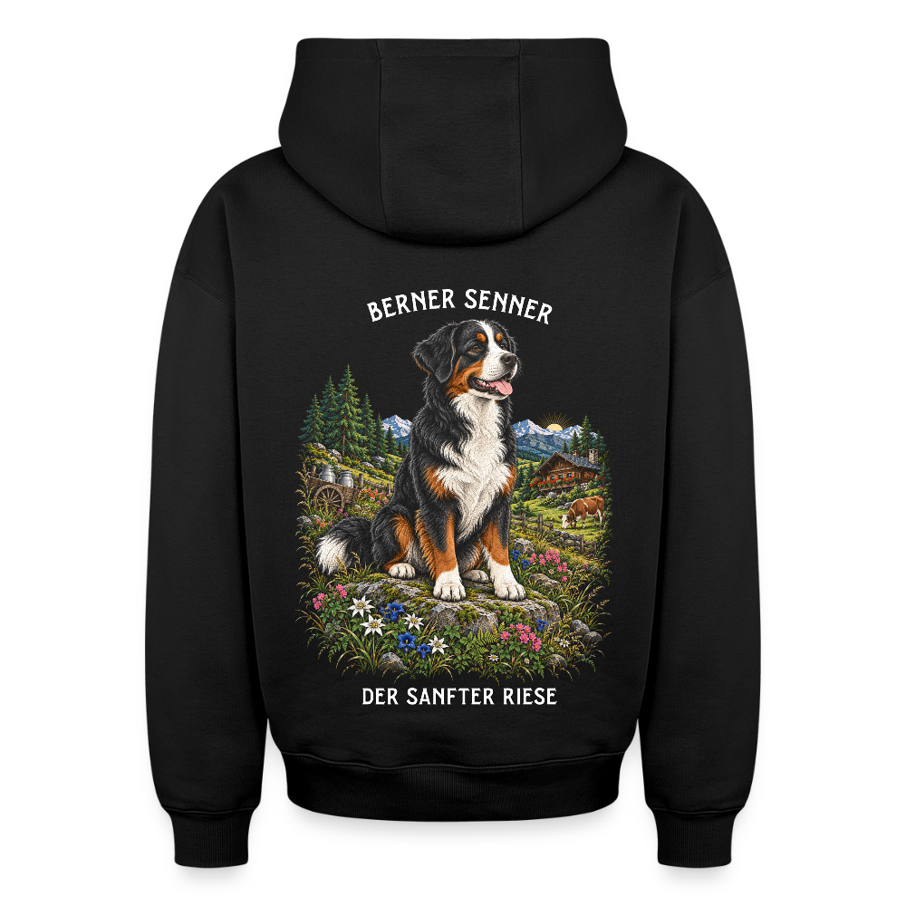 Berner Sennenhund Hoodie in Schwarz – handgezeichnetes Berner Sennenhund-Motiv auf der Rückseite | Geschenk für Hundeliebhaber von Pfotenart