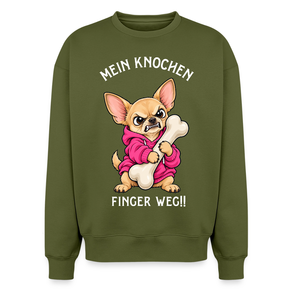 Chihuahua Sweater in Khaki – lustiger Cartoon-Hund mit Spruch „Mein Knochen“ auf der Rückseite | Geschenk für Hundeliebhaber von Pfotenart