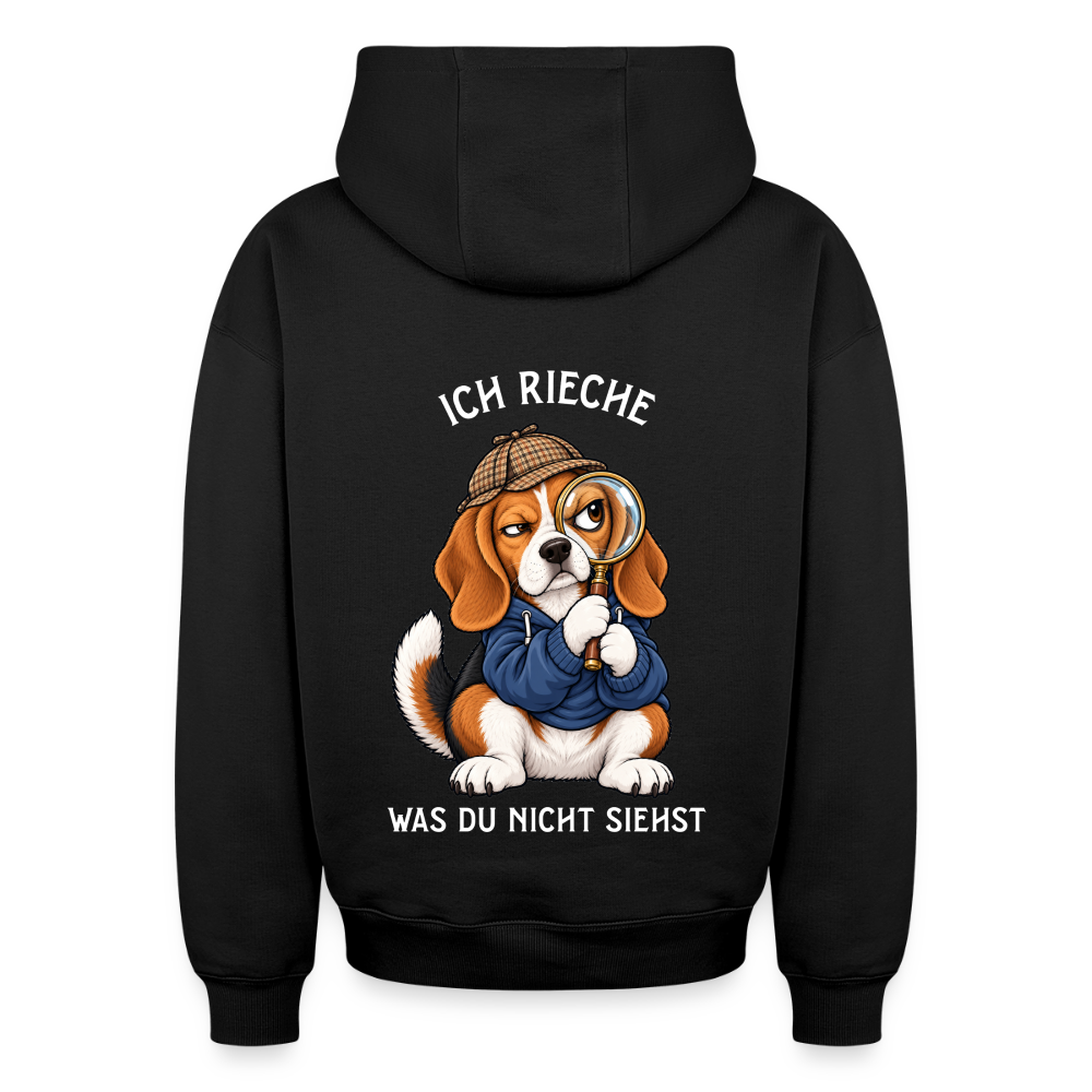 Beagle Hoodie in Schwarz – lustiger Cartoon-Hund mit Spruch „Ich rieche“ auf der Rückseite | Geschenk für Hundeliebhaber von Pfotenart