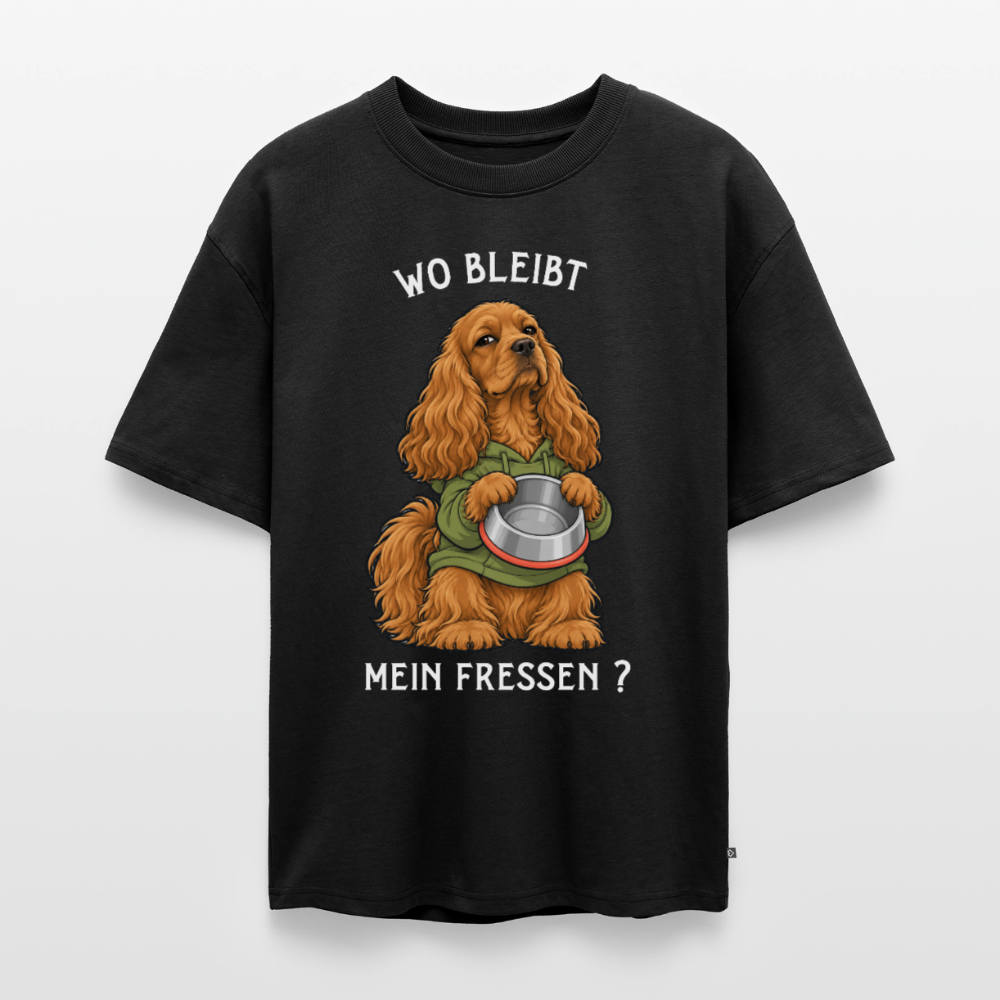 Cocker Spaniel T-Shirt in Schwarz – lustiger Cartoon-Hund mit Spruch „Wo bleibt mein Fressen?“ | Geschenk für Hundeliebhaber von Pfotenart