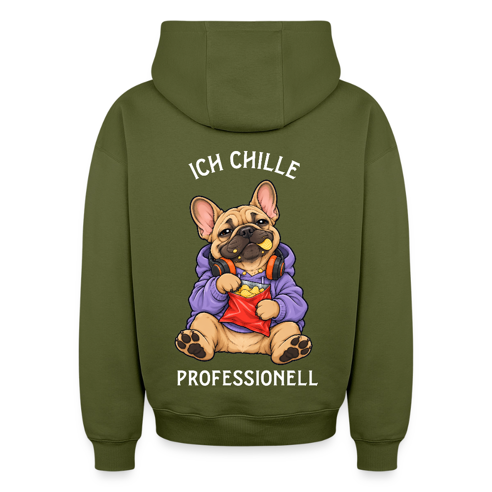 Französische Bulldogge Hoodie in Khaki – lustiger Cartoon-Hund mit Spruch „Ich chille“ auf der Rückseite | Geschenk für Hundeliebhaber von Pfotenart