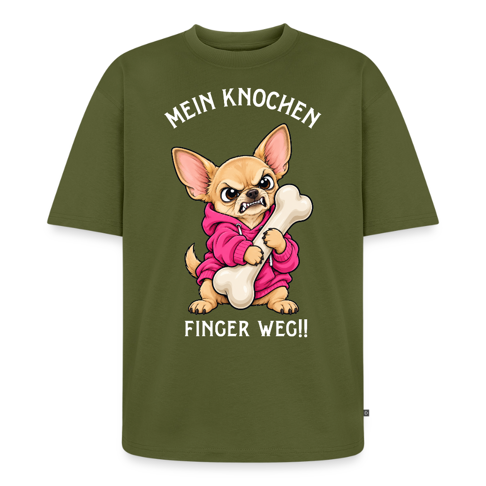 Chihuahua T-Shirt in Khaki – lustiger Cartoon-Hund mit Spruch „Mein Knochen“ | Geschenk für Hundeliebhaber von Pfotenart