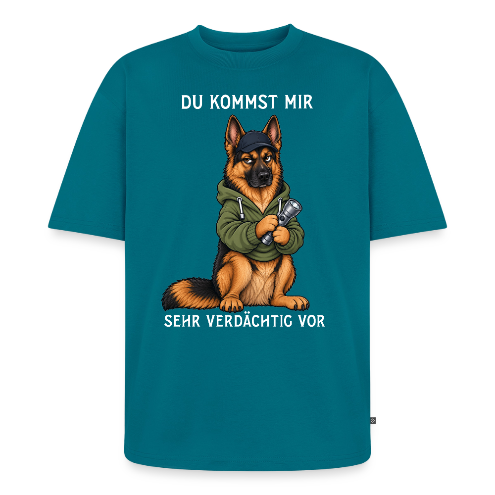 Schäferhund T-Shirt in Petrol – lustiger Cartoon-Hund mit Spruch „Sehr verdächtig“ | Geschenk für Hundeliebhaber von Pfotenart