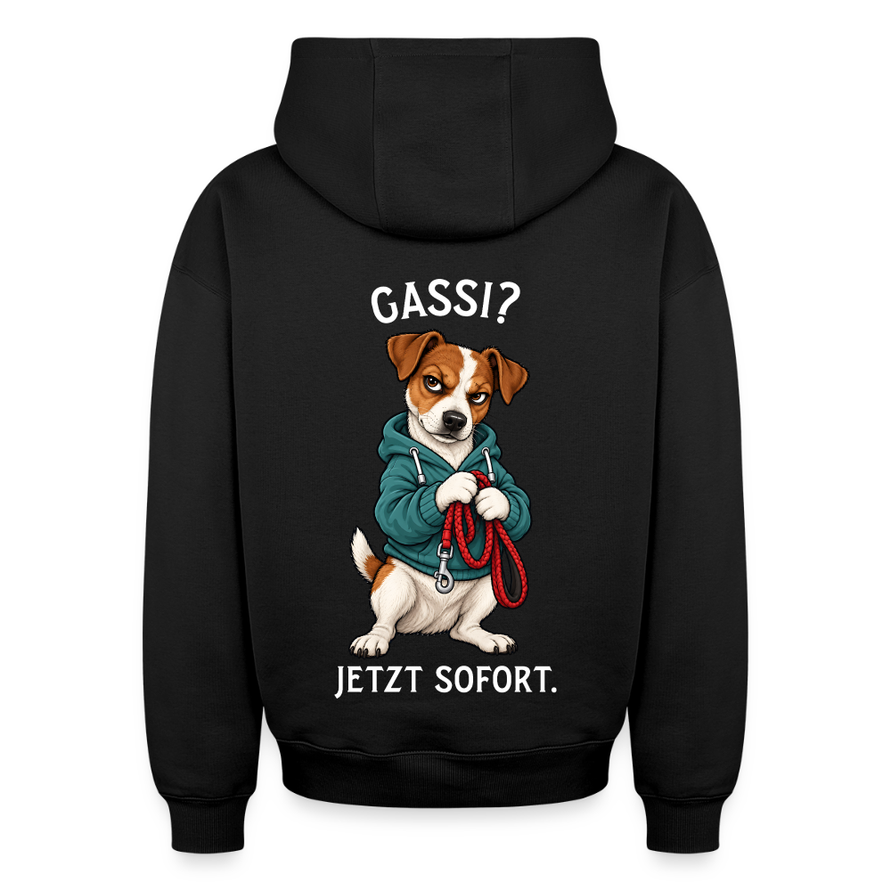 Jack Russell Hoodie in Schwarz – lustiger Cartoon-Hund mit Spruch „Gassi“ auf der Rückseite | Geschenk für Hundeliebhaber von Pfotenart
