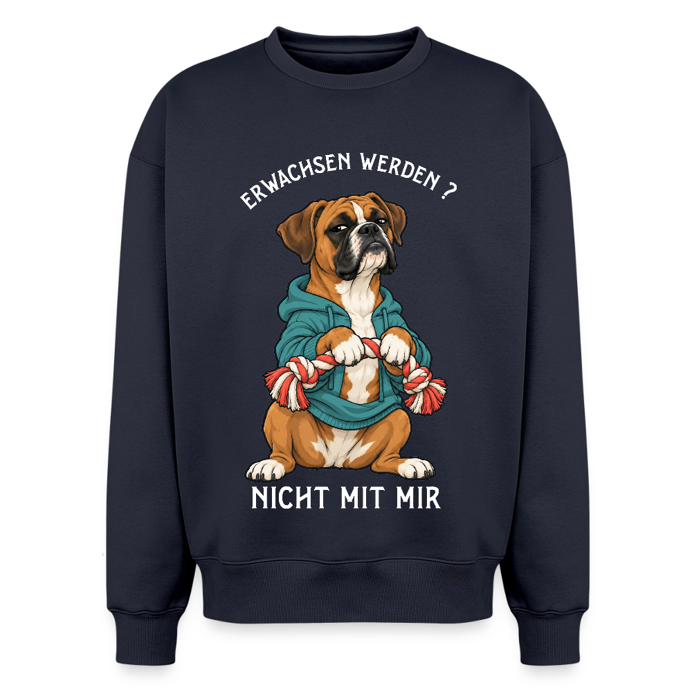 Boxer Sweater in Navy – lustiger Cartoon-Hund mit Spruch „Erwachsen“ auf der Rückseite | Geschenk für Hundeliebhaber von Pfotenart