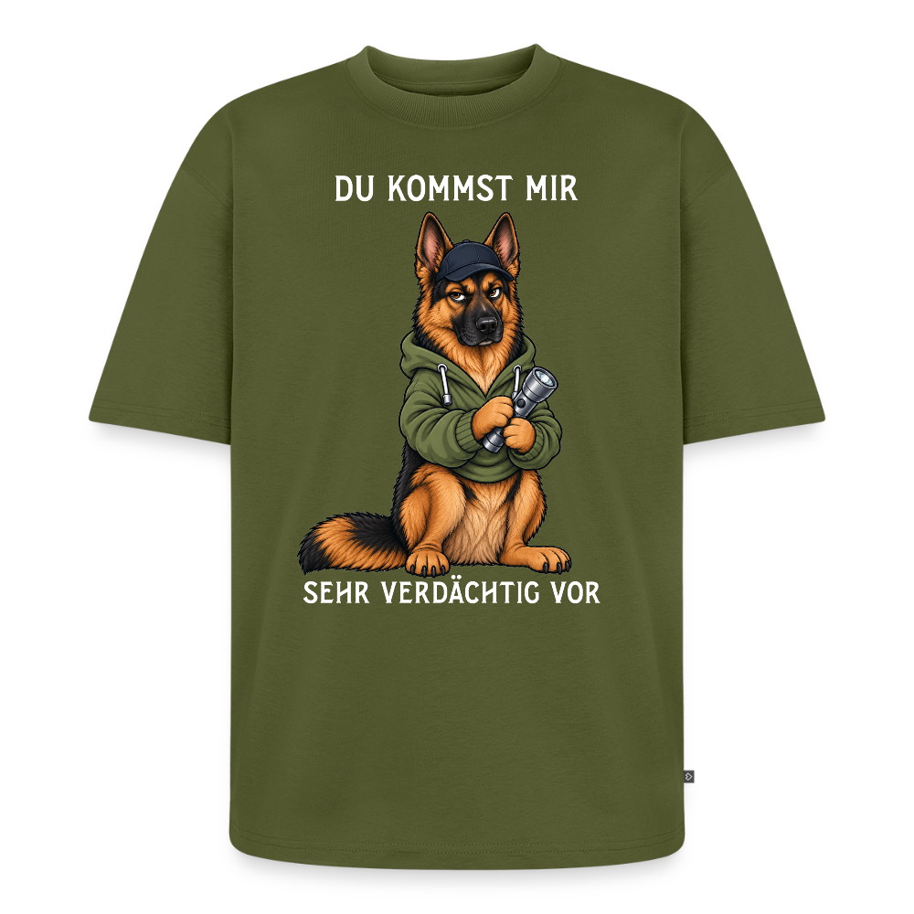 Schäferhund T-Shirt in Khaki – lustiger Cartoon-Hund mit Spruch „Sehr verdächtig“ | Geschenk für Hundeliebhaber von Pfotenart