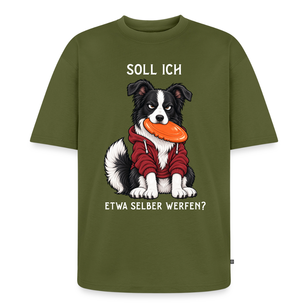 Border Collie T-Shirt in Khaki – lustiger Cartoon-Hund mit Spruch „Selber werfen“ | Geschenk für Hundeliebhaber von Pfotenart