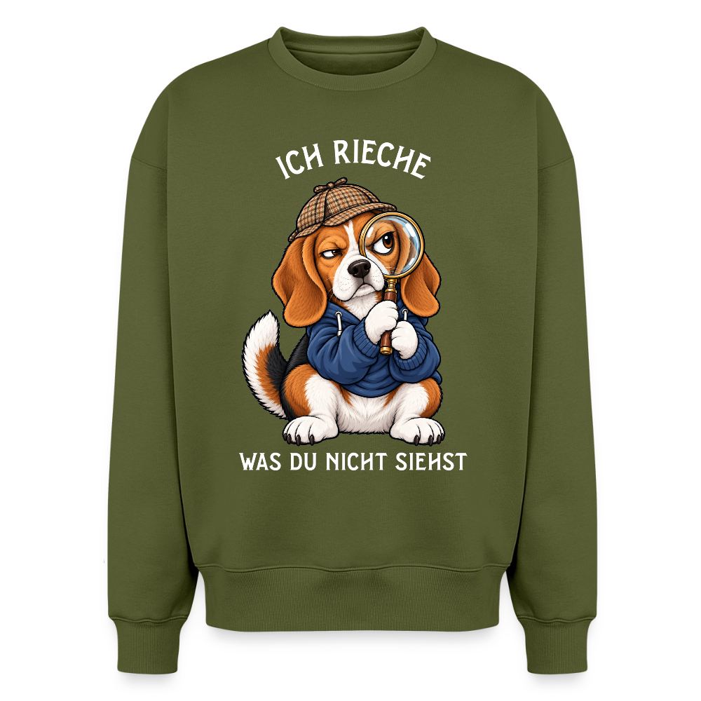 Beagle Sweater in Khaki – lustiger Cartoon-Hund mit Spruch „Ich rieche“ auf der Rückseite | Geschenk für Hundeliebhaber von Pfotenart