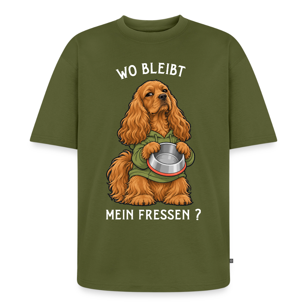 Cocker Spaniel T-Shirt in Khaki – lustiger Cartoon-Hund mit Spruch „Wo bleibt mein Fressen?“ | Geschenk für Hundeliebhaber von Pfotenart