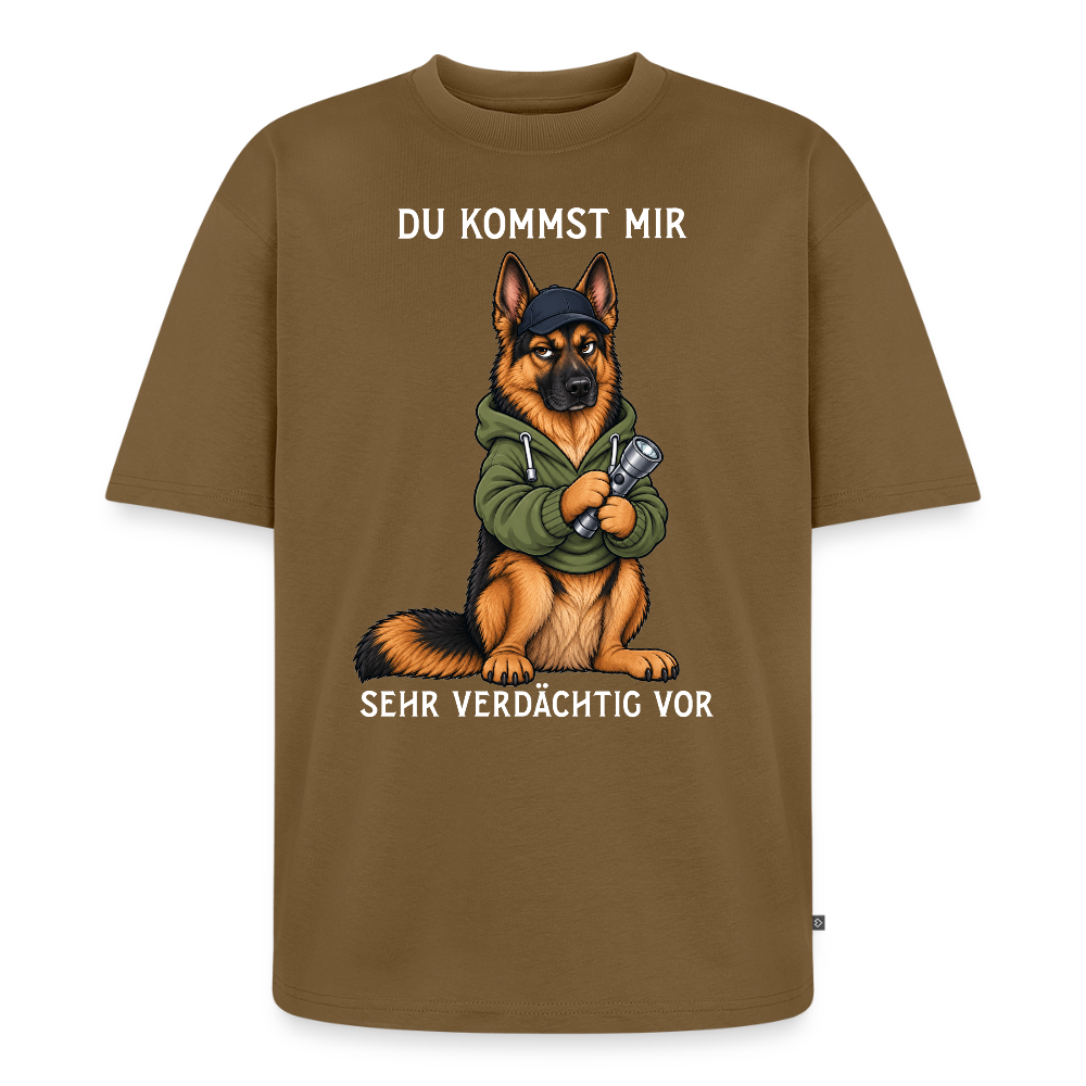 Schäferhund T-Shirt in Nussbraun – lustiger Cartoon-Hund mit Spruch „Sehr verdächtig“ | Geschenk für Hundeliebhaber von Pfotenart