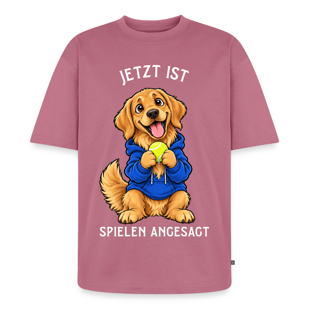 Golden Retriever T-Shirt in Mauve – lustiger Cartoon-Hund mit Spruch „Spielen angesagt“ | Geschenk für Hundeliebhaber von Pfotenart