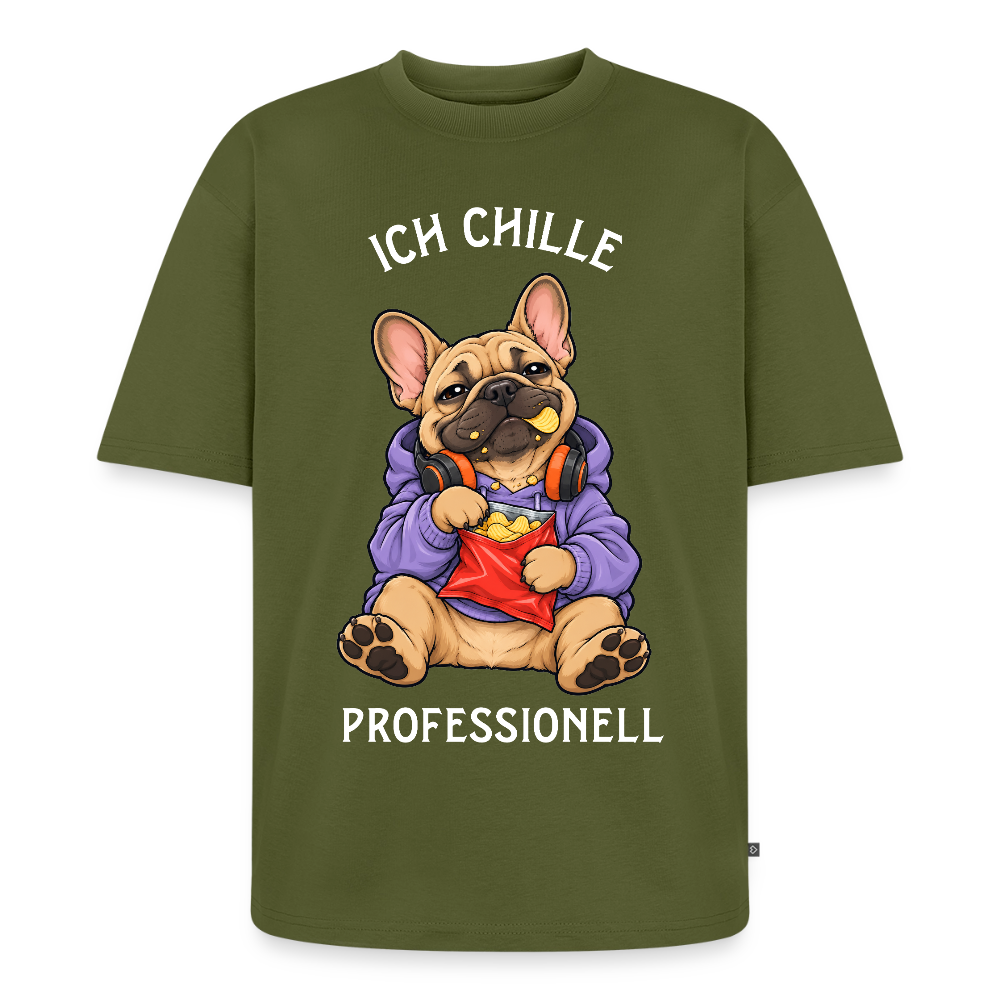 Französische Bulldogge T-Shirt in Khaki – lustiger Cartoon-Hund mit Spruch „Ich Chille“ | Geschenk für Hundeliebhaber von Pfotenart