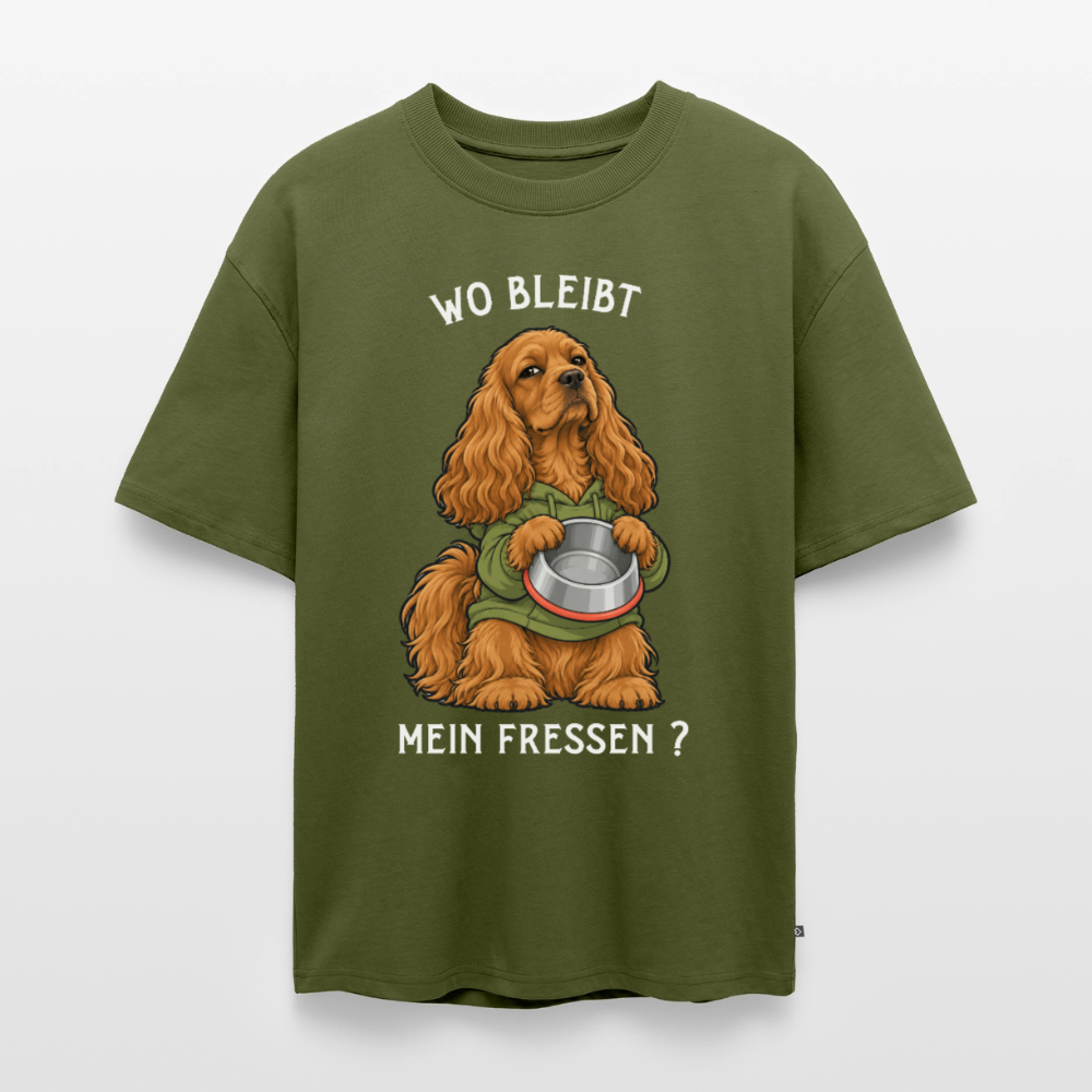 Cocker Spaniel T-Shirt in Khaki – lustiger Cartoon-Hund mit Spruch „Wo bleibt mein Fressen?“ | Geschenk für Hundeliebhaber von Pfotenart
