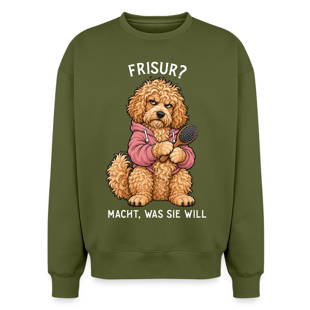 Labradoodle Sweater in Khaki – lustiger Cartoon-Hund mit Spruch „Frisur?“ auf der Rückseite | Geschenk für Hundeliebhaber von Pfotenart