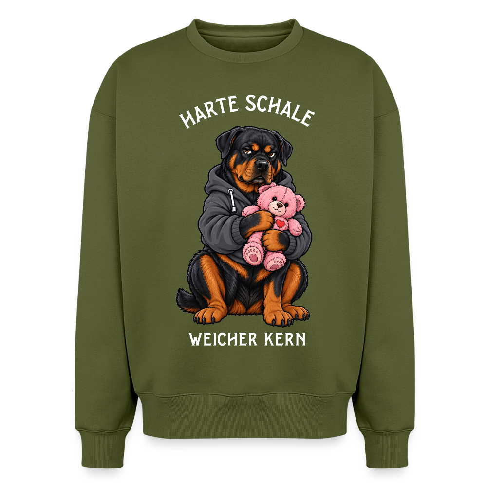 Rottweiler Sweater in Khaki – lustiger Cartoon-Hund mit Spruch „Harte Schale“ auf der Rückseite | Geschenk für Hundeliebhaber von Pfotenart