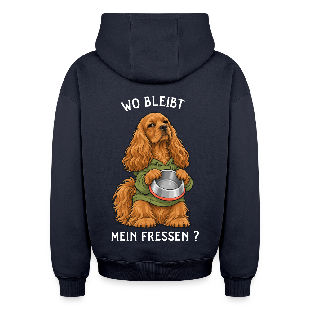 Cocker Spaniel Hoodie in Navy – lustiger Cartoon-Hund mit Spruch „Wo bleibt“ auf der Rückseite | Geschenk für Hundeliebhaber von Pfotenart