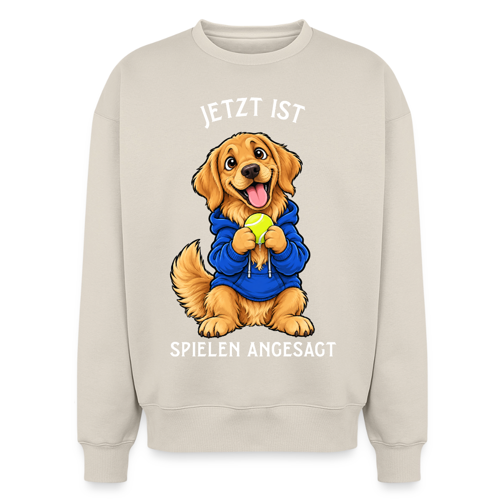 Golden Retriever Sweater in Beige – lustiger Cartoon-Hund mit Spruch „Spielen“ auf der Rückseite | Geschenk für Hundeliebhaber von Pfotenart