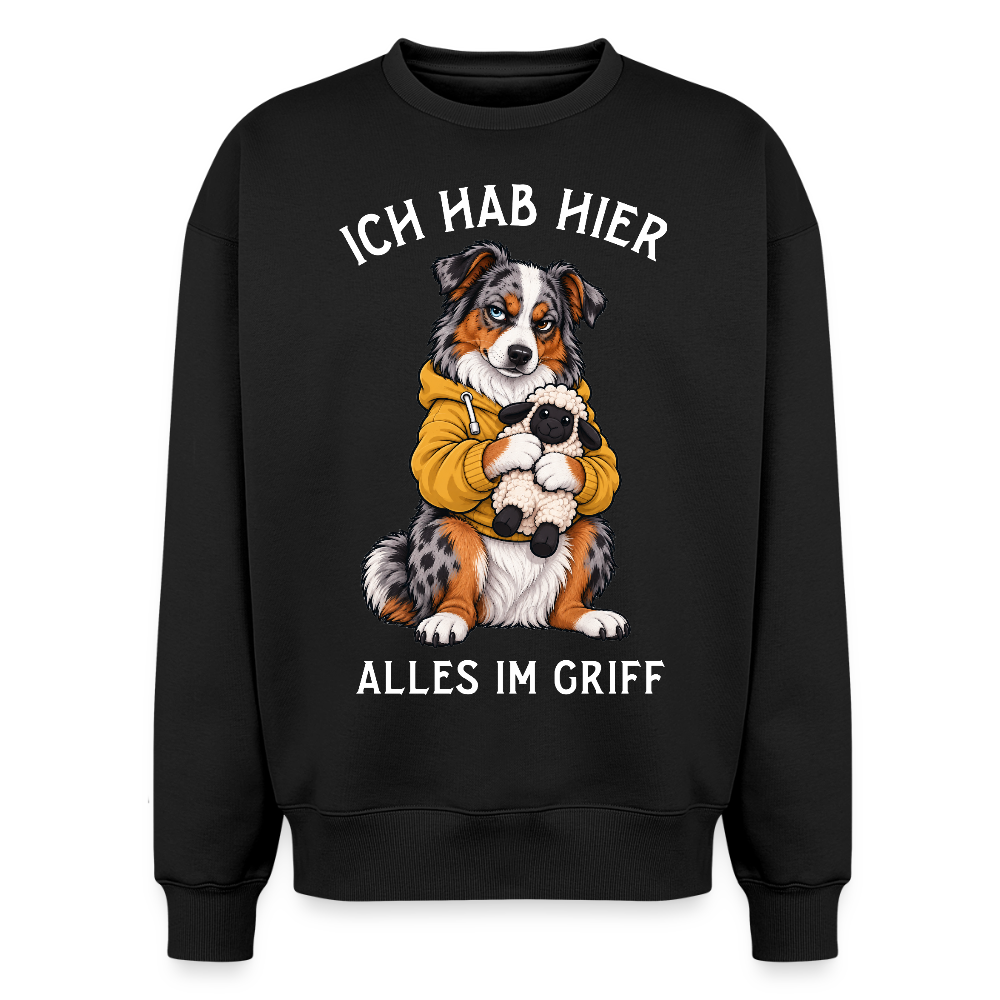 Australian Shepherd Sweater in Schwarz – lustiger Cartoon-Hund mit Spruch „Alles im Griff“ auf der Rückseite | Geschenk für Hundeliebhaber von Pfotenart