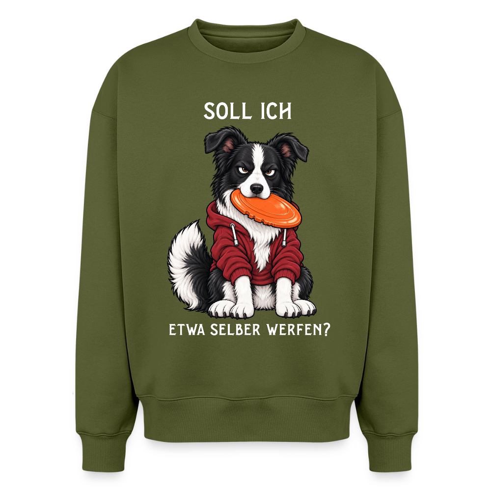 Border Collie Sweater in Khaki – lustiger Cartoon-Hund mit Spruch „Selber werfen“ auf der Rückseite | Geschenk für Hundeliebhaber von Pfotenart