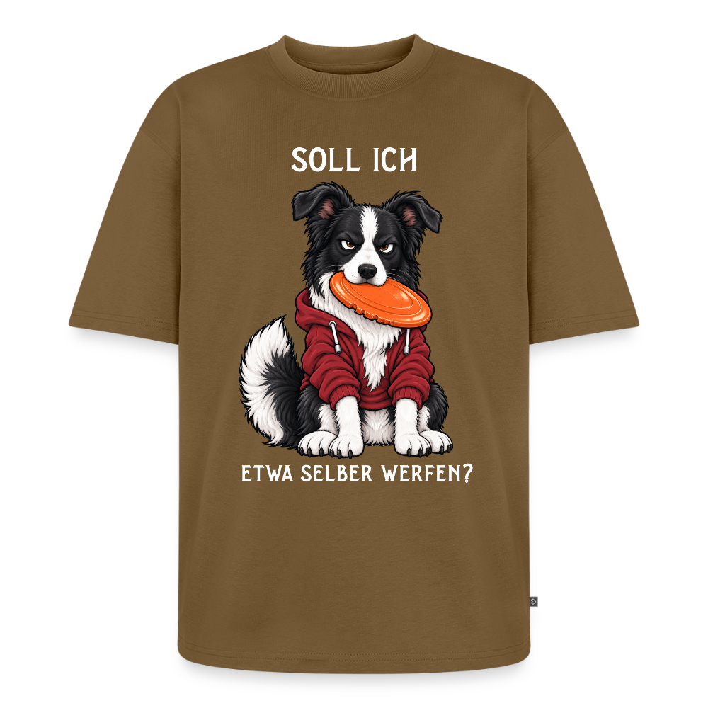 Border Collie T-Shirt in Nussbraun – lustiger Cartoon-Hund mit Spruch „Selber werfen“ | Geschenk für Hundeliebhaber von Pfotenart