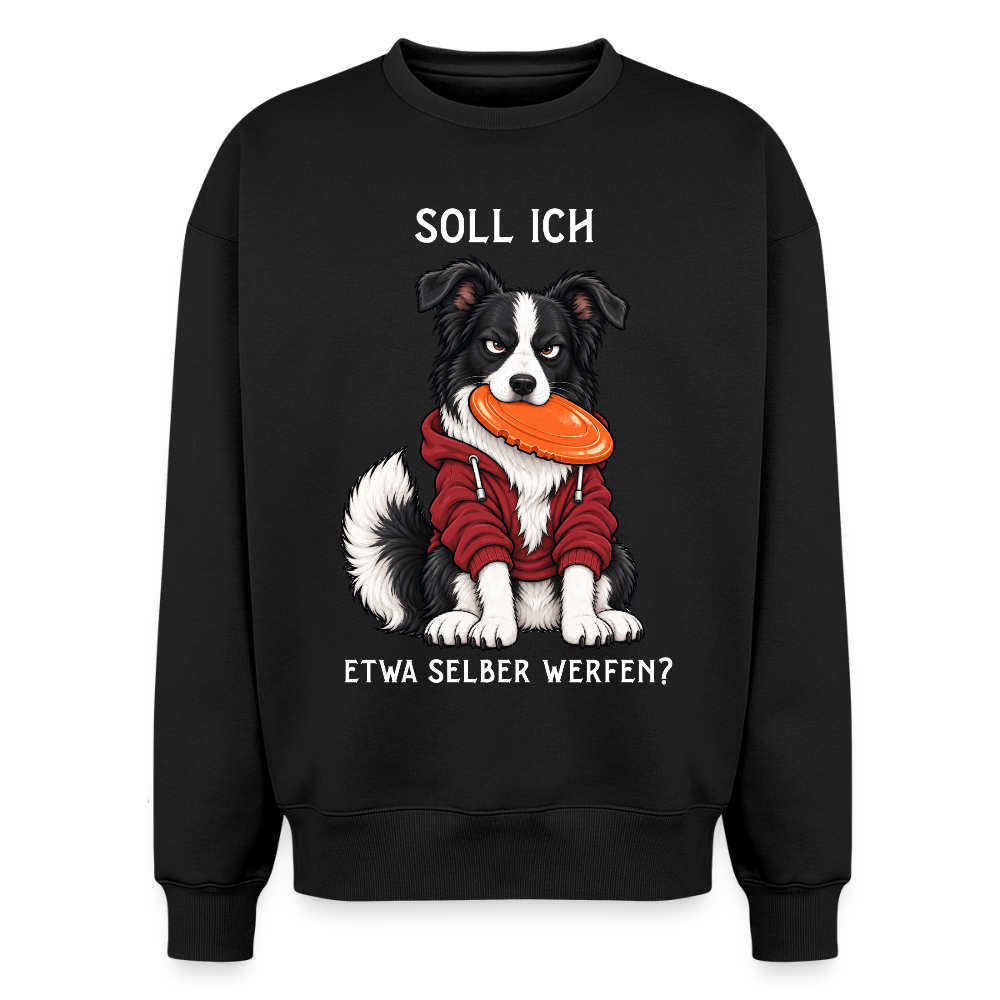 Border Collie Sweater in Schwarz – lustiger Cartoon-Hund mit Spruch „Selber werfen“ auf der Rückseite | Geschenk für Hundeliebhaber von Pfotenart