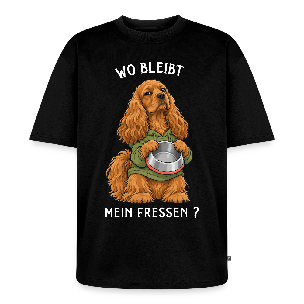 Cocker Spaniel T-Shirt in Schwarz – lustiger Cartoon-Hund mit Spruch „Wo bleibt mein Fressen?“ | Geschenk für Hundeliebhaber von Pfotenart