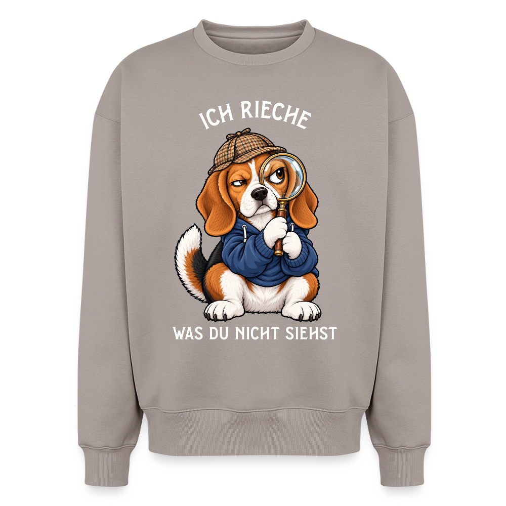 Beagle Sweater in Taupe – lustiger Cartoon-Hund mit Spruch „Ich rieche“ auf der Rückseite | Geschenk für Hundeliebhaber von Pfotenart