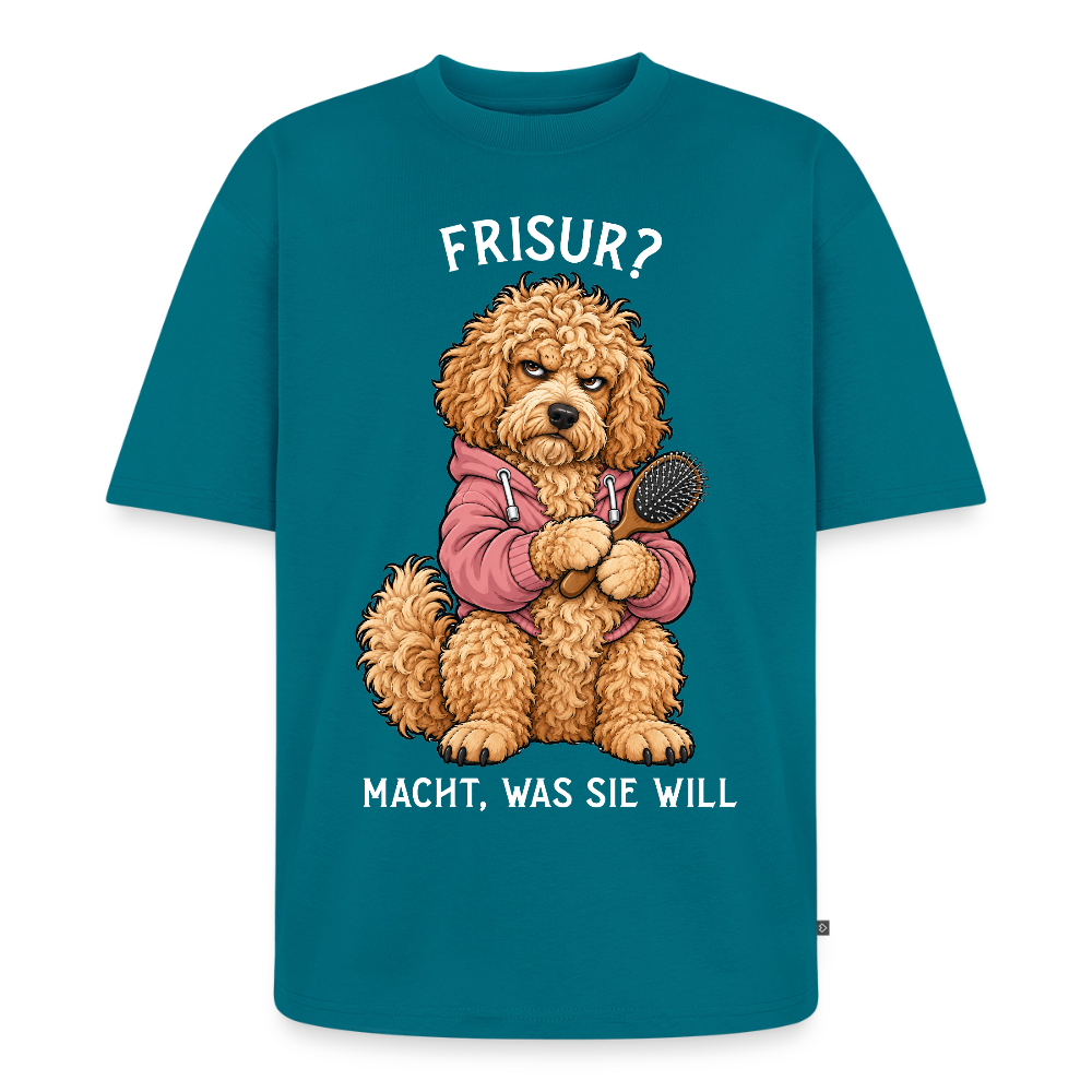 Labradoodle T-Shirt in Petrol – lustiger Cartoon-Hund mit Spruch „Frisur?“ | Geschenk für Hundeliebhaber von Pfotenart