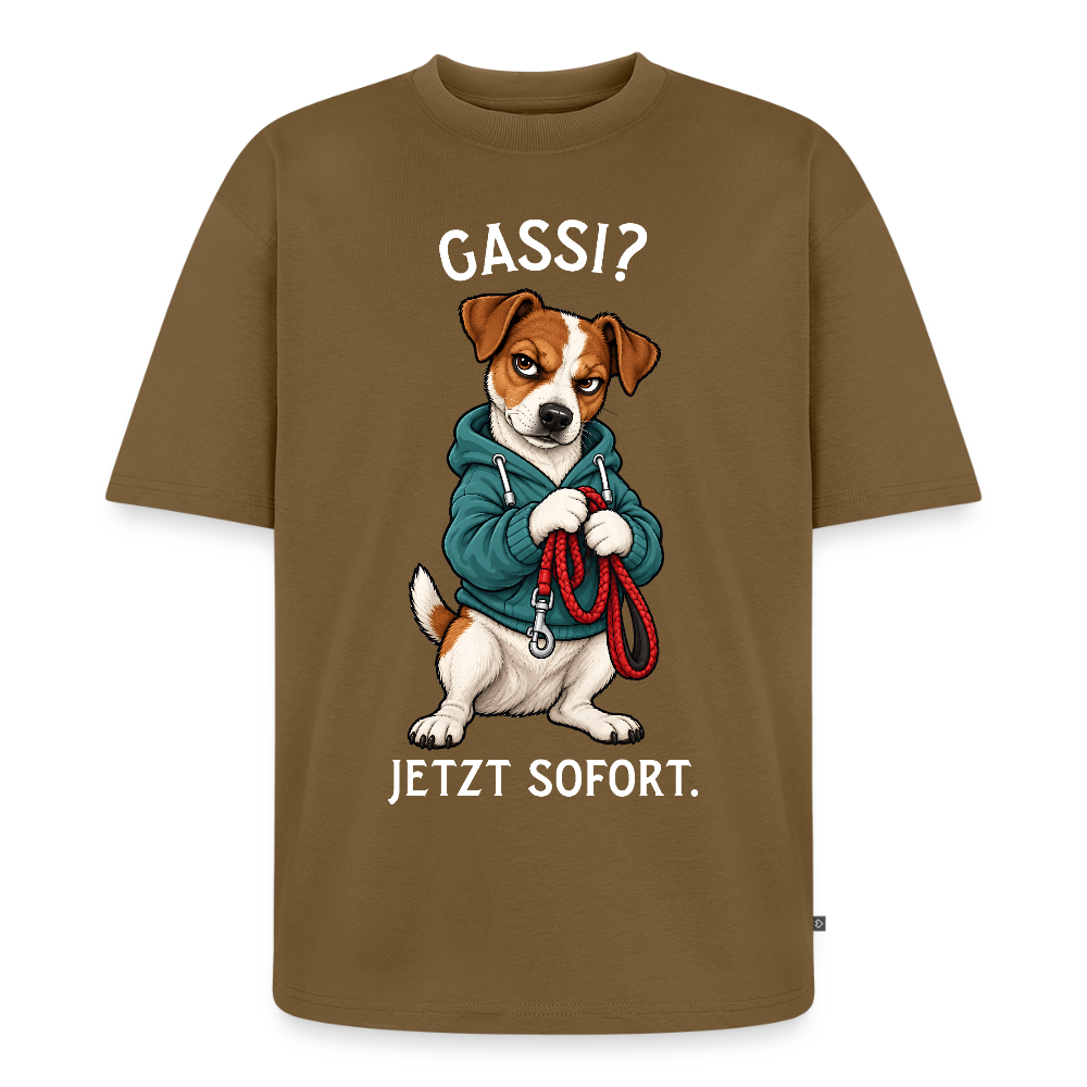 Jack Russell T-Shirt in Nussbraun – lustiger Cartoon-Hund mit Spruch „Gassi?“ | Geschenk für Hundeliebhaber von Pfotenart