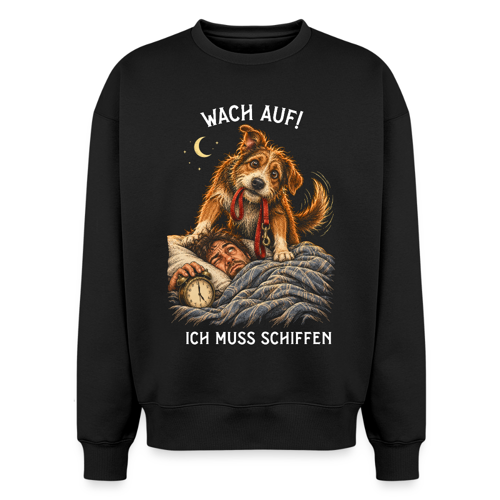 Hunde Sweater in Schwarz – Spezial Edition „Wach auf! Ich muss schiffen“ auf der Rückseite | Geschenk für Hundeliebhaber von Pfotenart