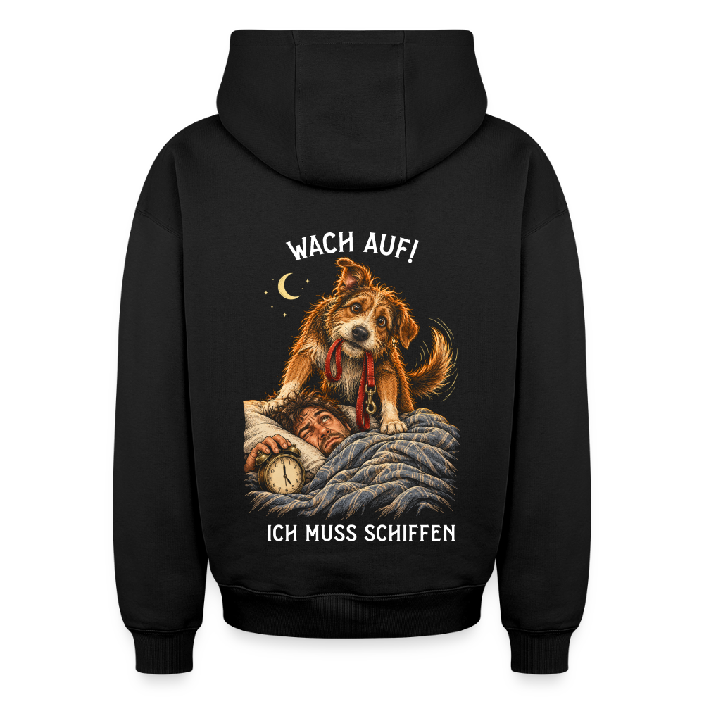 Hunde Hoodie in Schwarz – Spezial Edition „Wach auf! Ich muss schiffen“ auf der Rückseite | Geschenk für Hundeliebhaber von Pfotenart