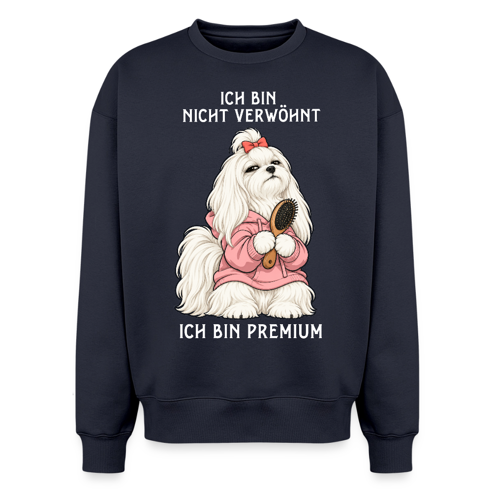 Malteser Sweater in Navy – lustiger Cartoon-Hund mit Spruch „Ich bin Premium“ auf der Rückseite | Geschenk für Hundeliebhaber von Pfotenart