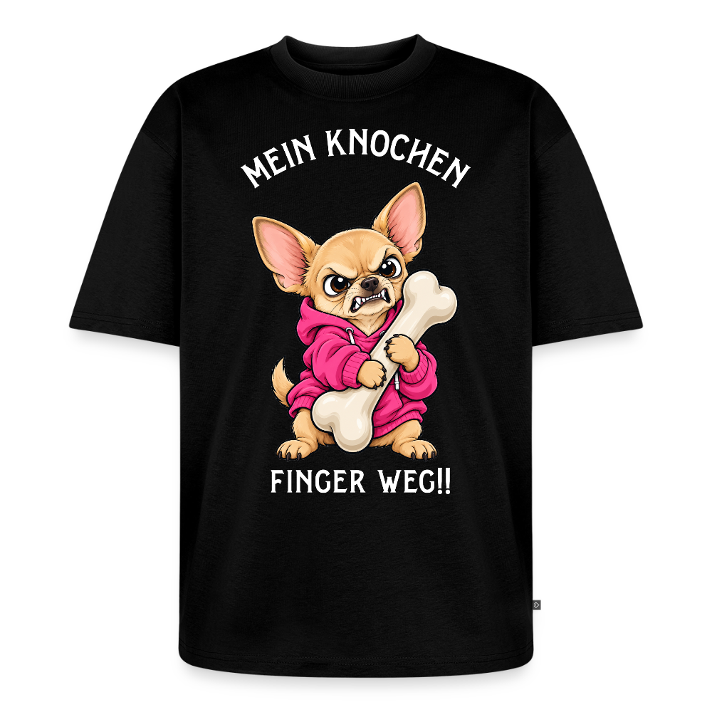 Chihuahua T-Shirt in Schwarz – lustiger Cartoon-Hund mit Spruch „Mein Knochen“ | Geschenk für Hundeliebhaber von Pfotenart