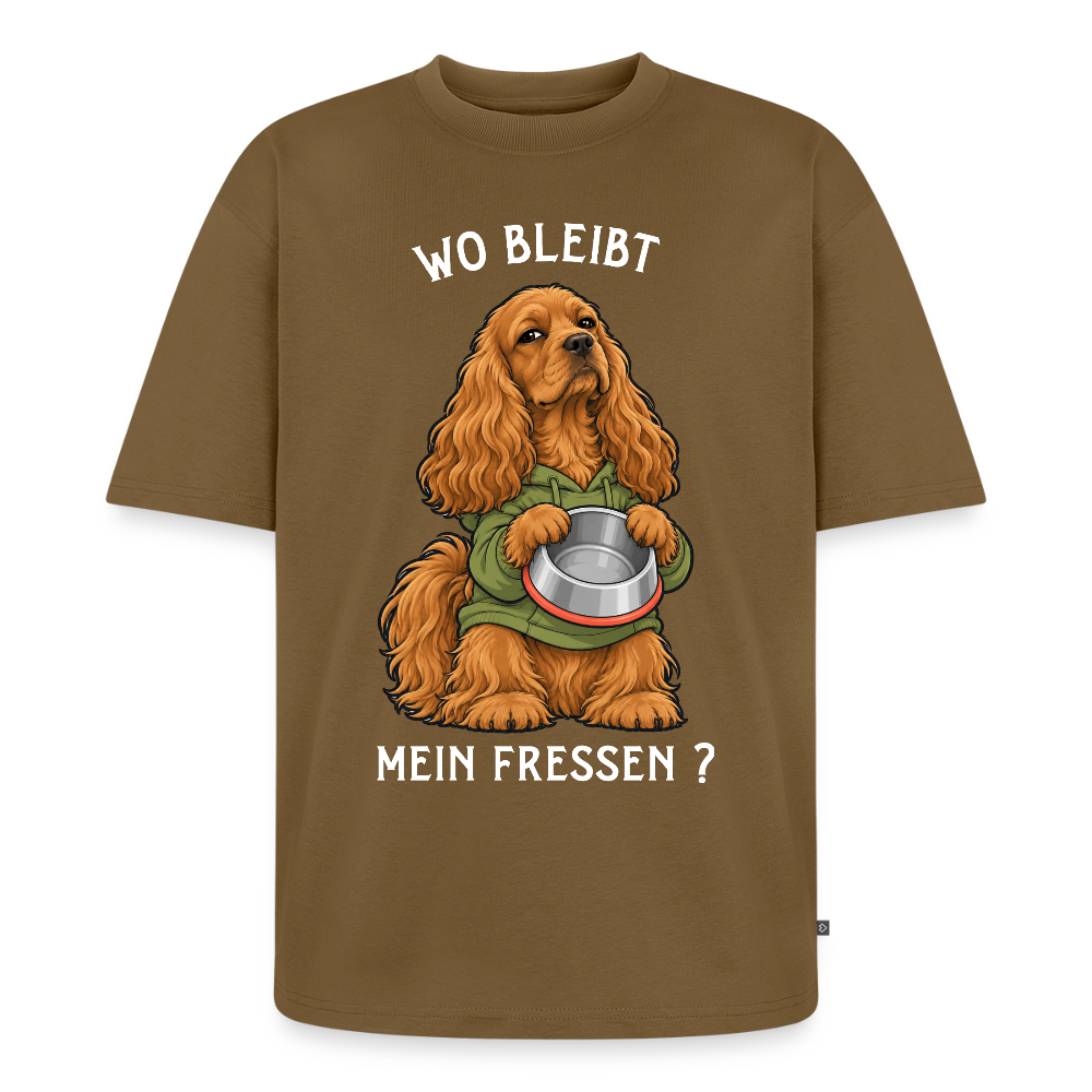 Cocker Spaniel T-Shirt in Nussbraun – lustiger Cartoon-Hund mit Spruch „Wo bleibt mein Fressen?“ | Geschenk für Hundeliebhaber von Pfotenart