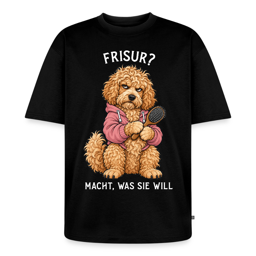 Labradoodle T-Shirt in Schwarz – lustiger Cartoon-Hund mit Spruch „Frisur?“ | Geschenk für Hundeliebhaber von Pfotenart