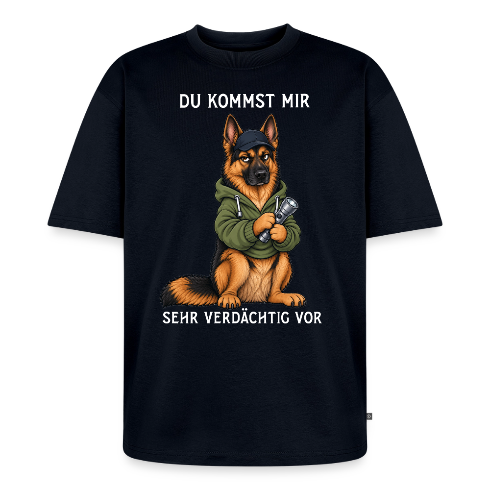 Schäferhund T-Shirt in Navy – lustiger Cartoon-Hund mit Spruch „Sehr verdächtig“ | Geschenk für Hundeliebhaber von Pfotenart