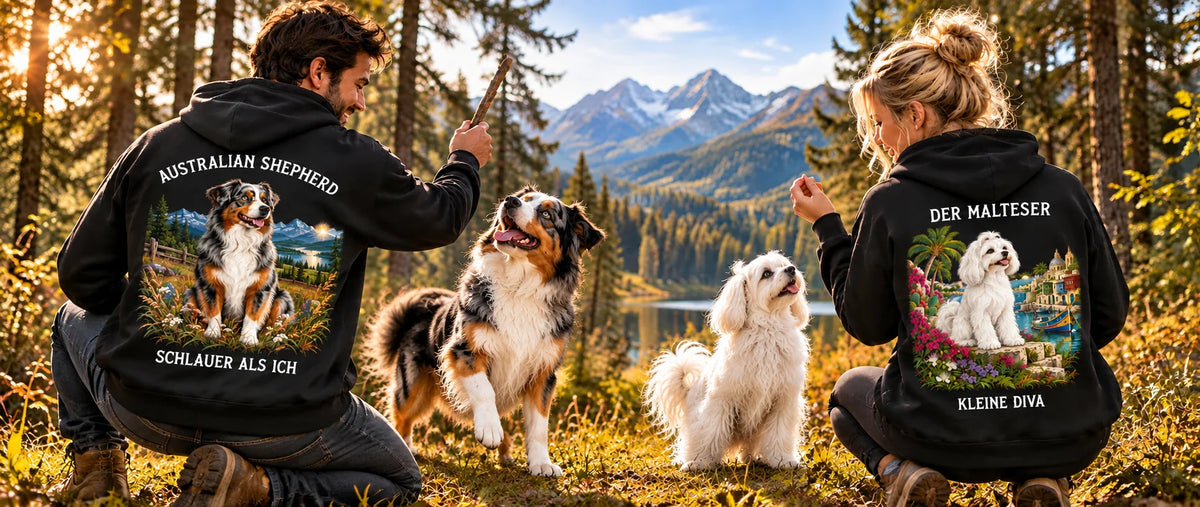 Paar mit Australian Shepherd und Malteser in Pfotenart Hunde-Hoodies mit Rückendruck – Geschenk für Hundeliebhaber